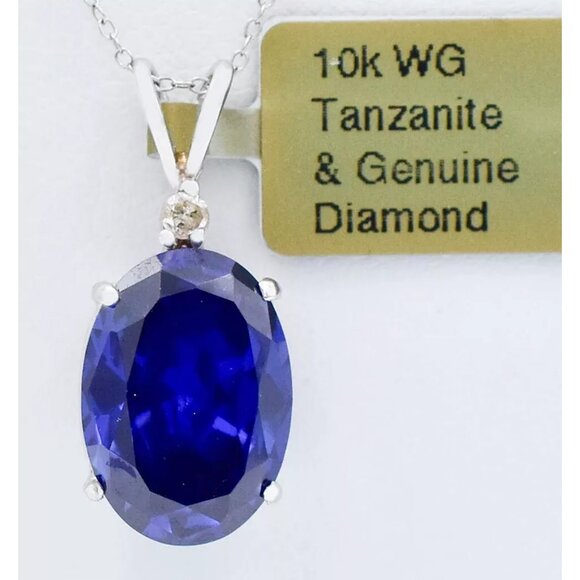 Created 6.83 Cts AAA Tanzanite & Genuine Diamond Pendant 10k White Gold